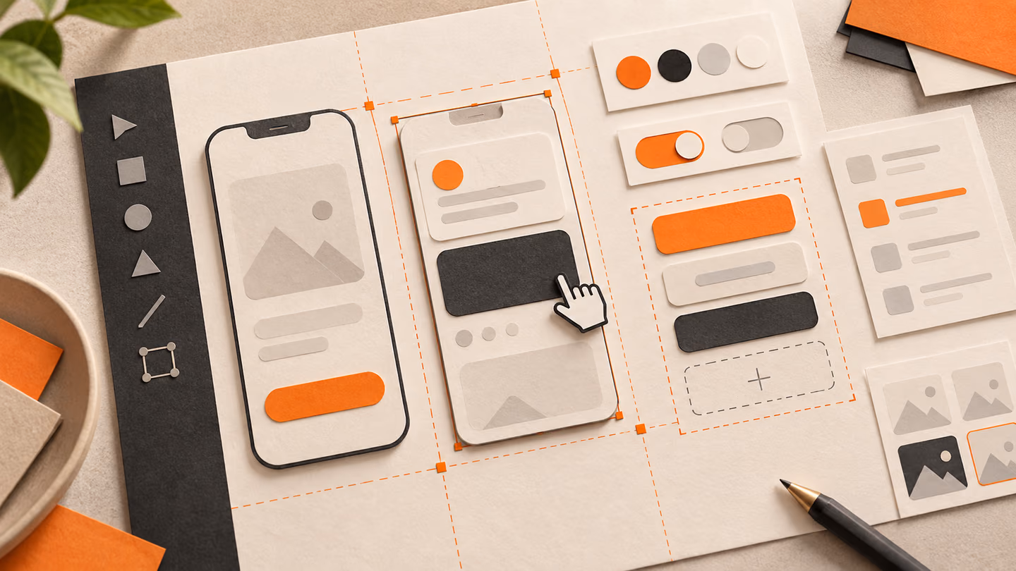 Espacio de diseño con marcos móviles, variantes de componentes y guías de espaciado.