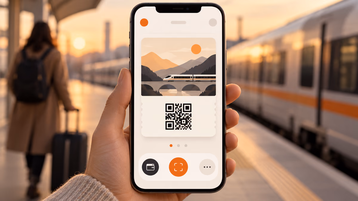 Train ticket wallet app concept with one prominent ticket and accessible controls.