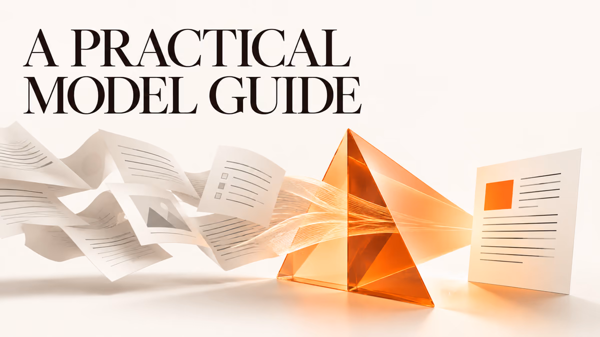 A model-guide headline and a translucent prism of source material.