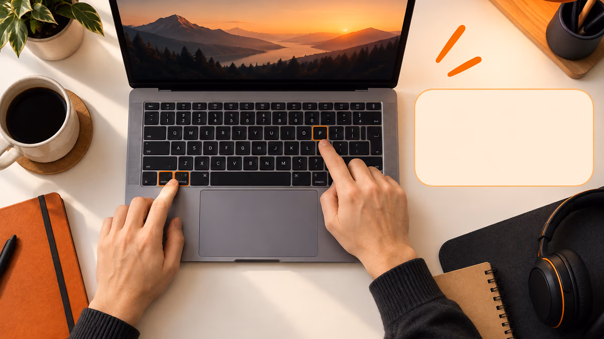 Storyboard still of a creator demonstrating a keyboard shortcut at a desk.
