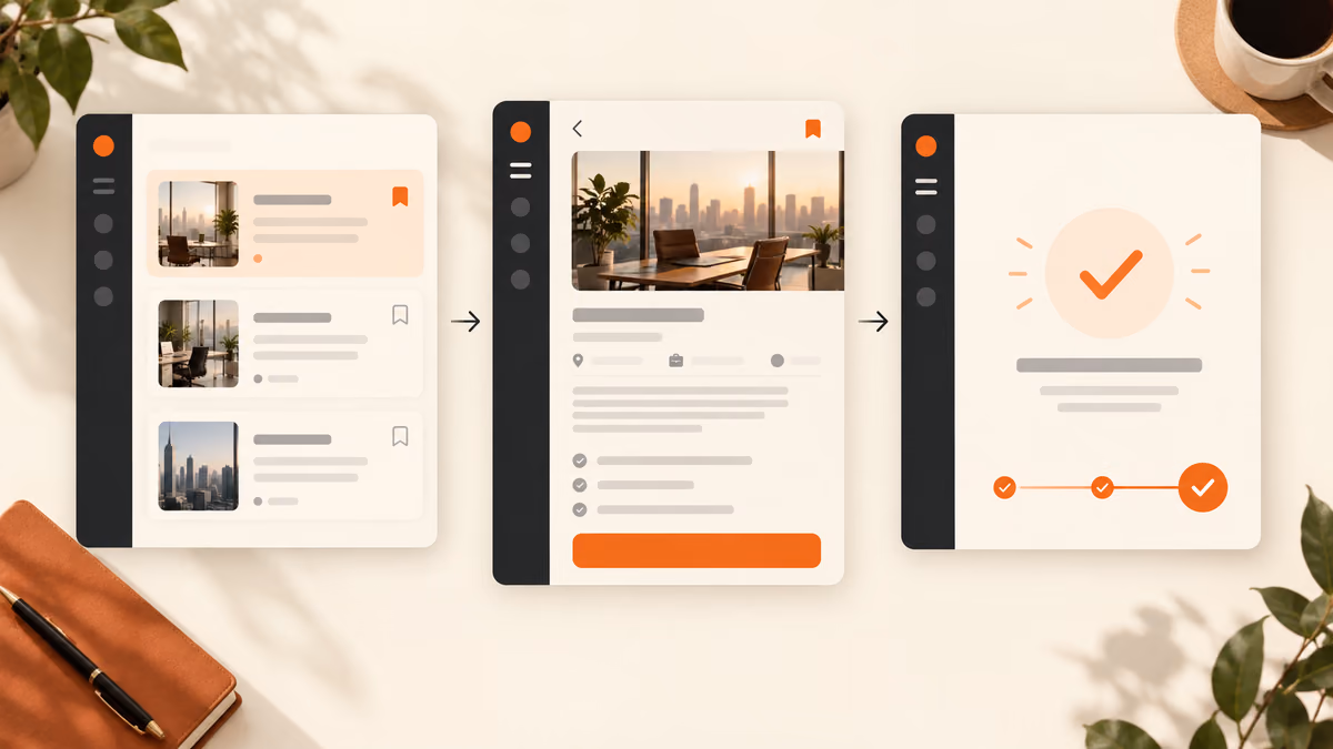 Job application tracker concept showing saved, in-progress and submitted states.