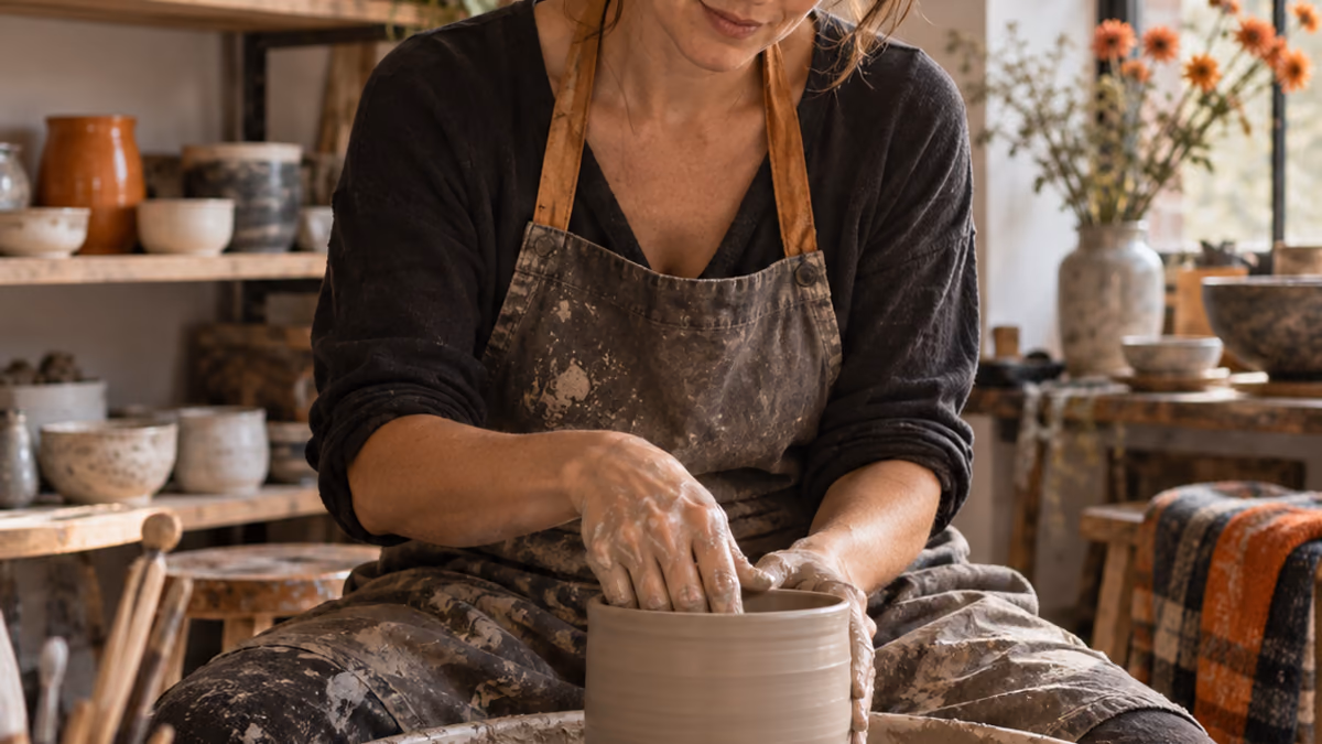 Natural-light portrait of a ceramic artist at work in a studio.