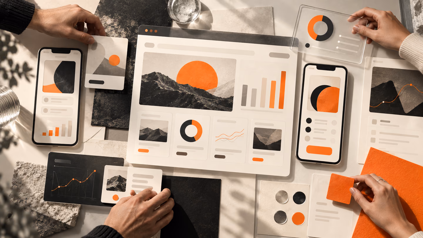 Designer arranging mobile interface screens and layout samples.