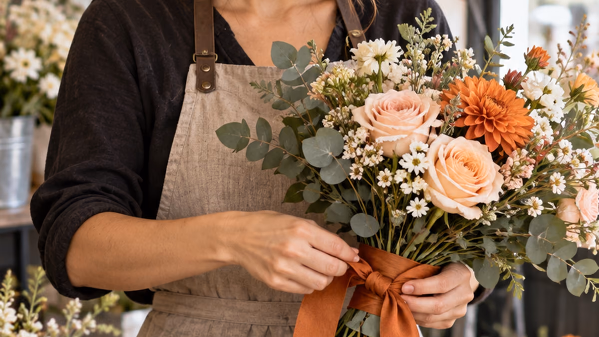 Vertical storyboard still of a florist tying a ribbon around a bouquet.