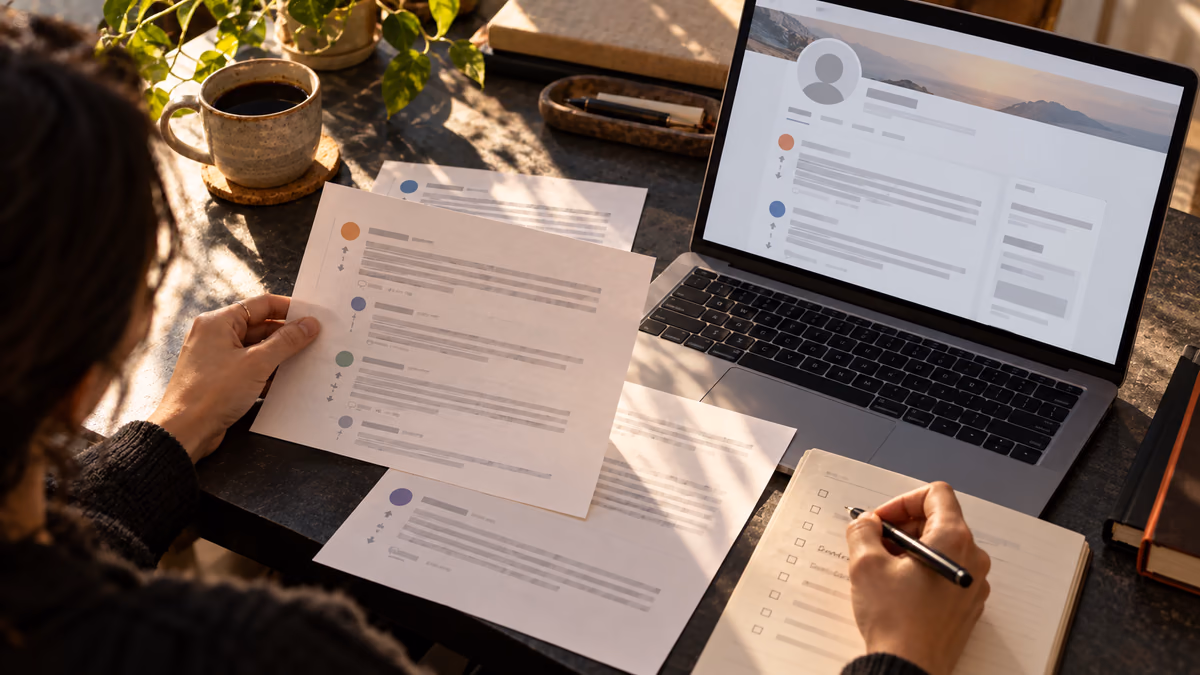 Researcher reviewing printed public discussion records beside a laptop and notes.