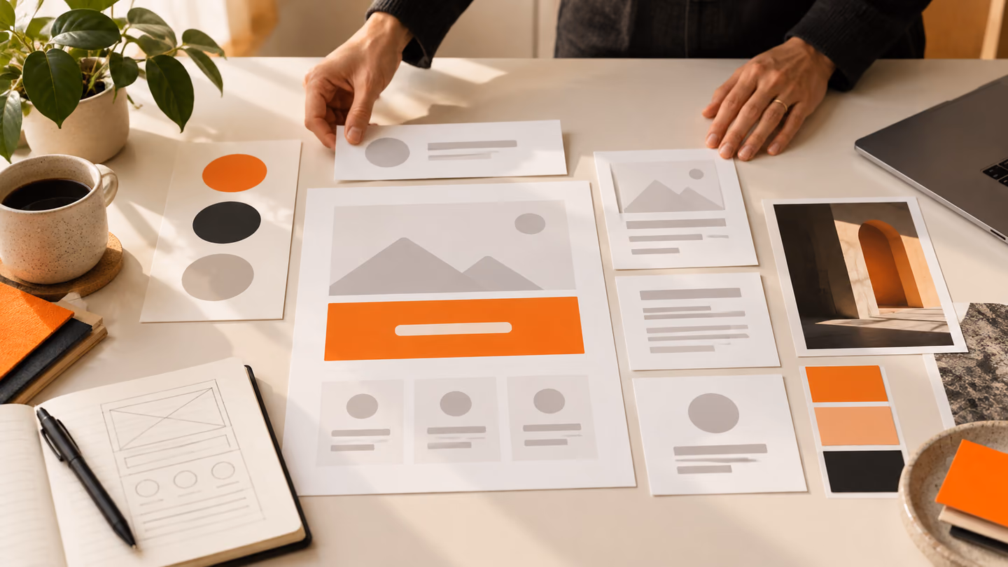 Designer arranging a landing page wireframe with an orange action area.